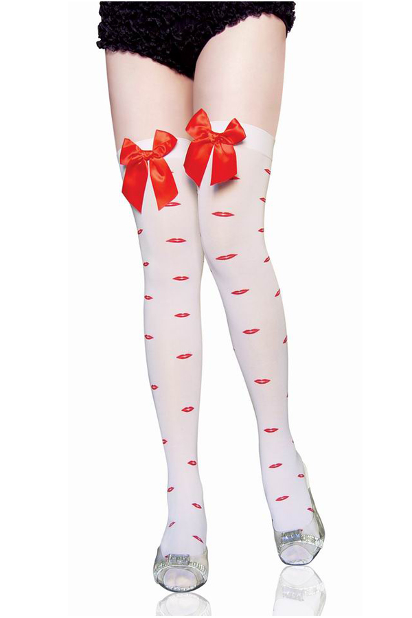 Accessory Red Lips Print Thigh High Stockings - Click Image to Close